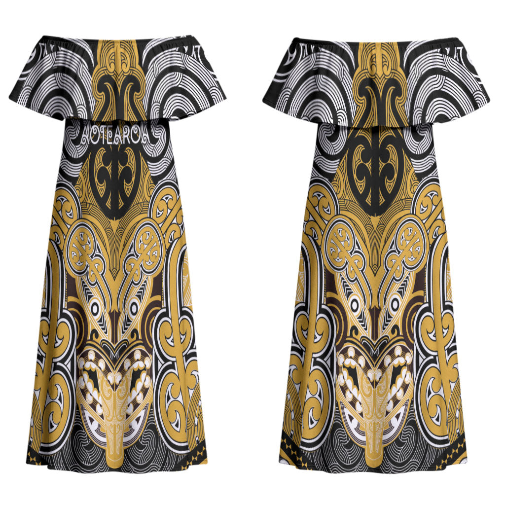 Aotearoa Iwi Ngati Tama Personalised Couples Matching Off Shoulder Maxi Dress and Hawaiian Shirt Maori Kowhaiwhai Pattern