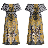 Aotearoa Iwi Ngati Tama Personalised Couples Matching Off Shoulder Maxi Dress and Long Sleeve Button Shirt Maori Kowhaiwhai Pattern