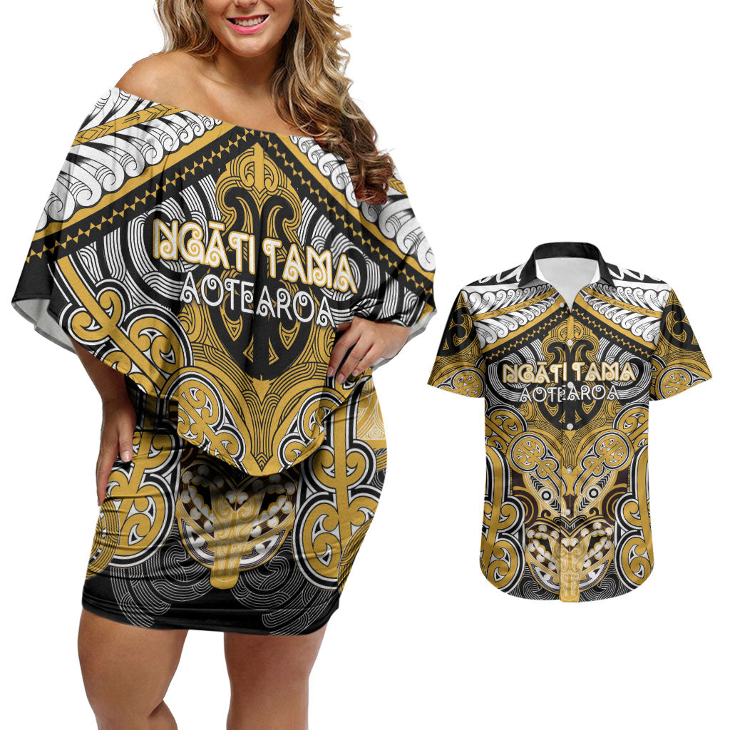 Aotearoa Iwi Ngati Tama Personalised Couples Matching Off Shoulder Short Dress and Hawaiian Shirt Maori Kowhaiwhai Pattern