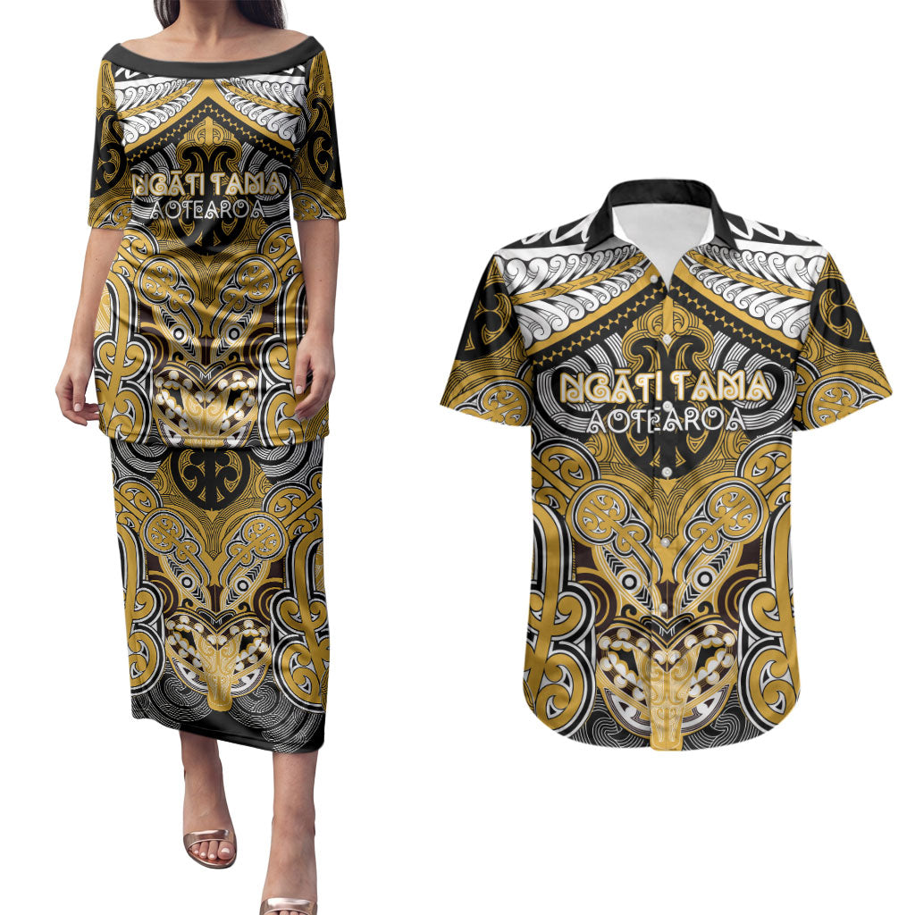 Aotearoa Iwi Ngati Tama Personalised Couples Matching Puletasi and Hawaiian Shirt Maori Kowhaiwhai Pattern