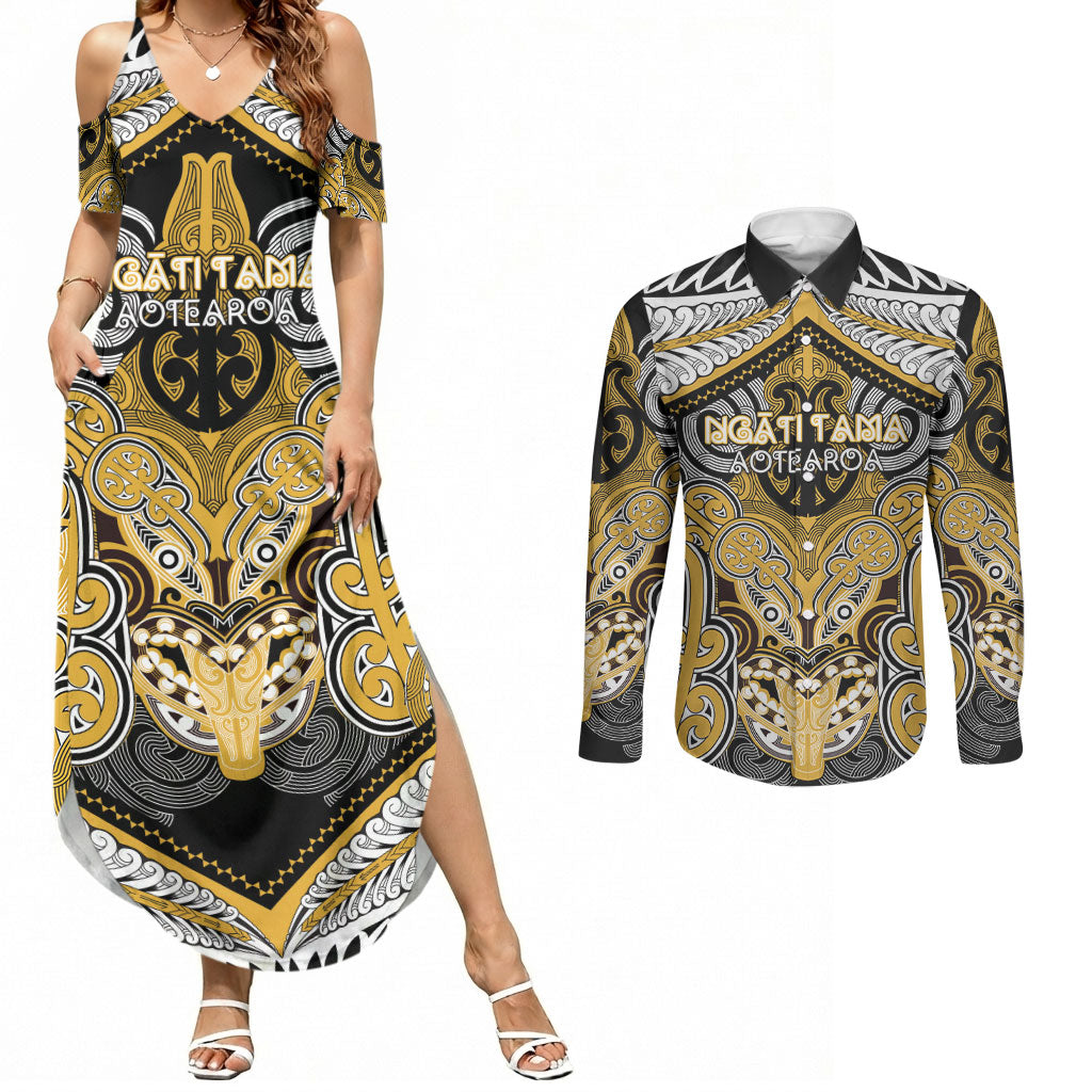 Aotearoa Iwi Ngati Tama Personalised Couples Matching Summer Maxi Dress and Long Sleeve Button Shirt Maori Kowhaiwhai Pattern