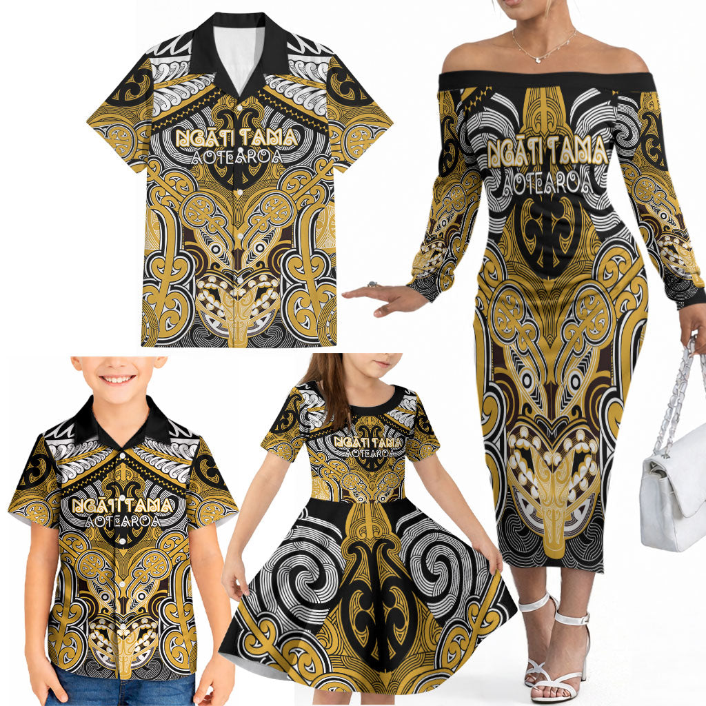 Aotearoa Iwi Ngati Tama Personalised Family Matching Off The Shoulder Long Sleeve Dress and Hawaiian Shirt Maori Kowhaiwhai Pattern