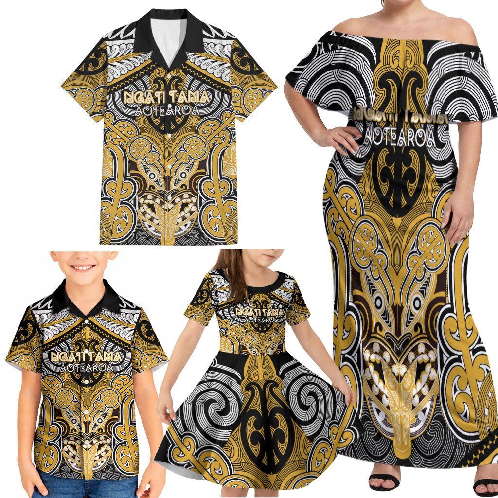 Aotearoa Iwi Ngati Tama Personalised Family Matching Off Shoulder Maxi Dress and Hawaiian Shirt Maori Kowhaiwhai Pattern