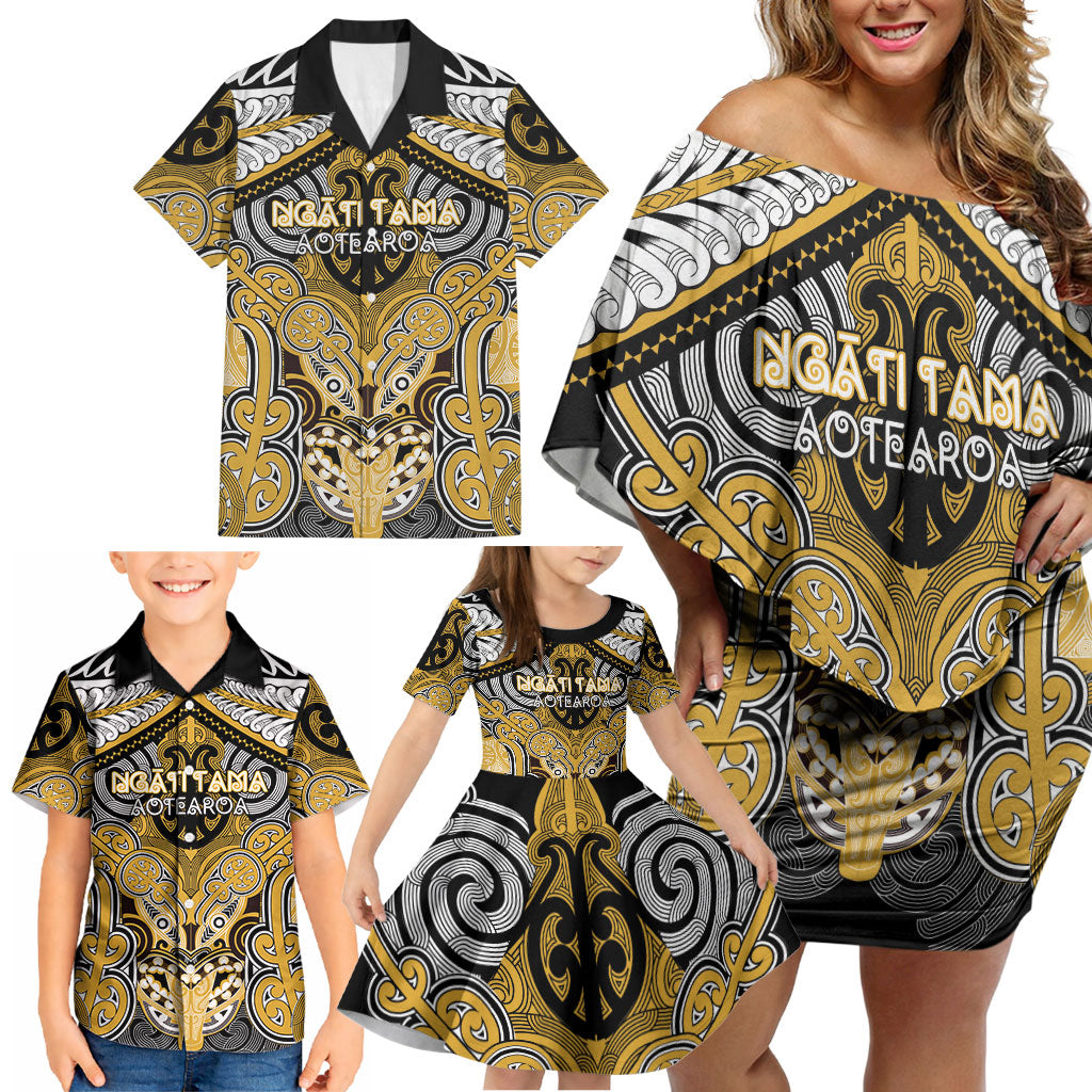 Aotearoa Iwi Ngati Tama Personalised Family Matching Off Shoulder Short Dress and Hawaiian Shirt Maori Kowhaiwhai Pattern
