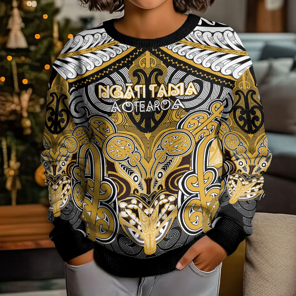 Aotearoa Iwi Ngati Tama Personalised Kid Ugly Christmas Sweater Maori Kowhaiwhai Pattern