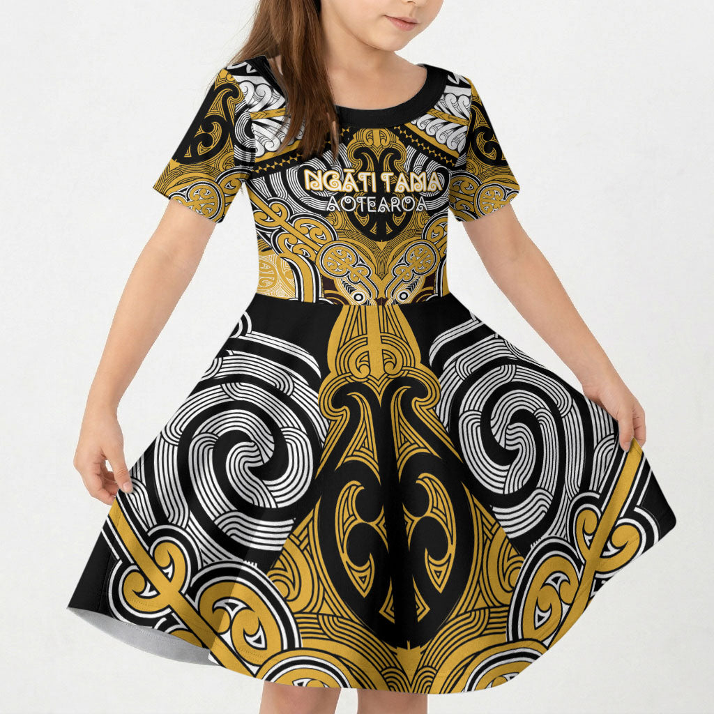 Aotearoa Iwi Ngati Tama Personalised Kid Short Sleeve Dress Maori Kowhaiwhai Pattern