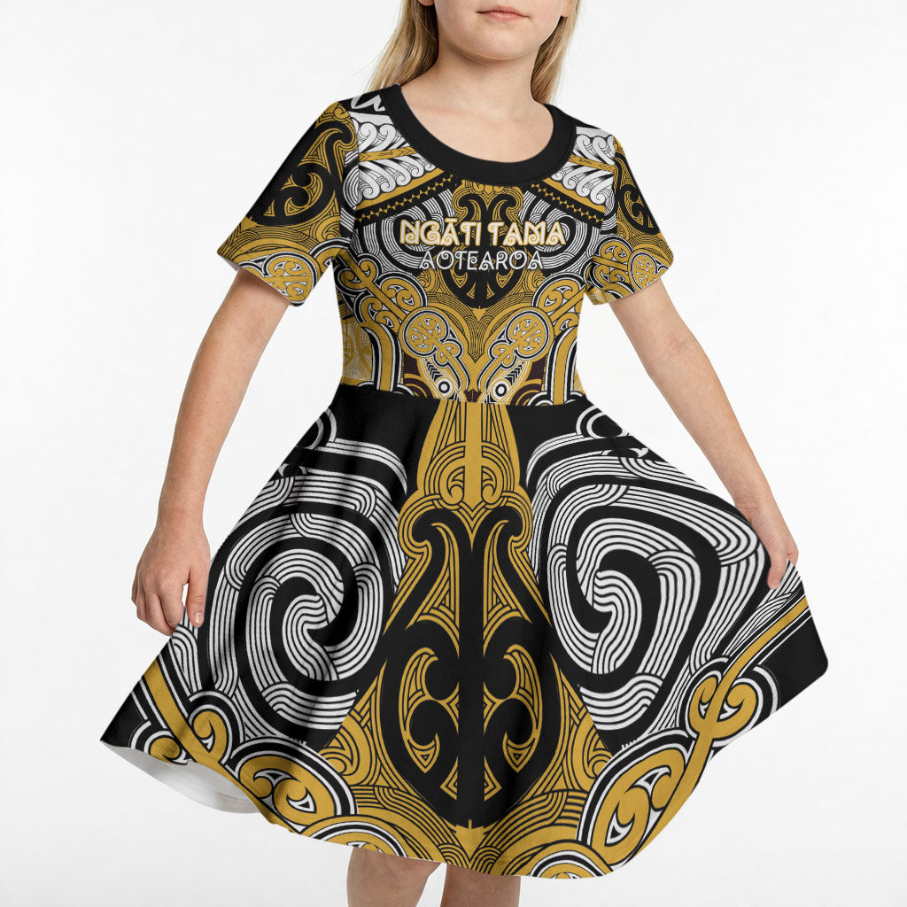 Aotearoa Iwi Ngati Tama Personalised Kid Short Sleeve Dress Maori Kowhaiwhai Pattern