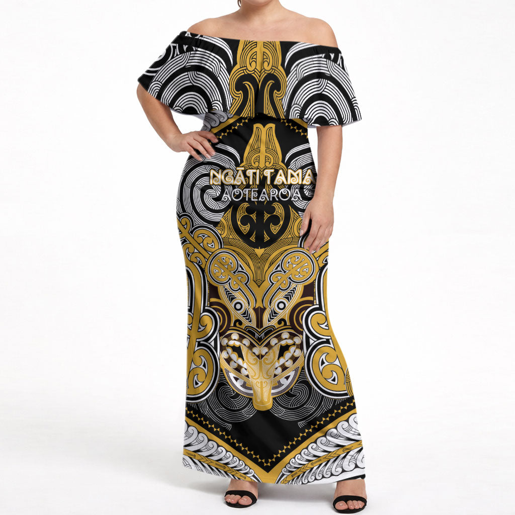 Aotearoa Iwi Ngati Tama Personalised Off Shoulder Maxi Dress Maori Kowhaiwhai Pattern