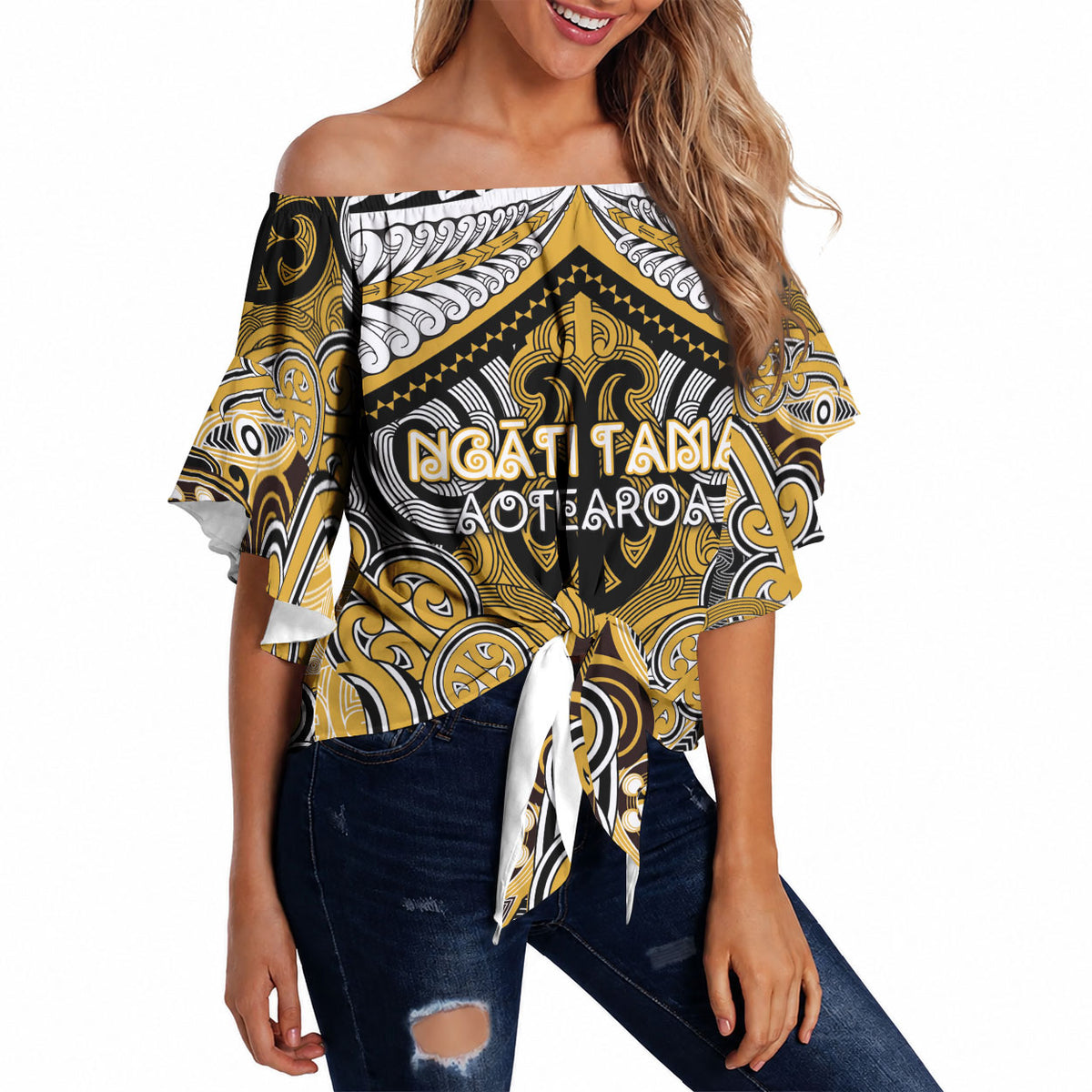 Aotearoa Iwi Ngati Tama Personalised Off Shoulder Wrap Waist Top Maori Kowhaiwhai Pattern