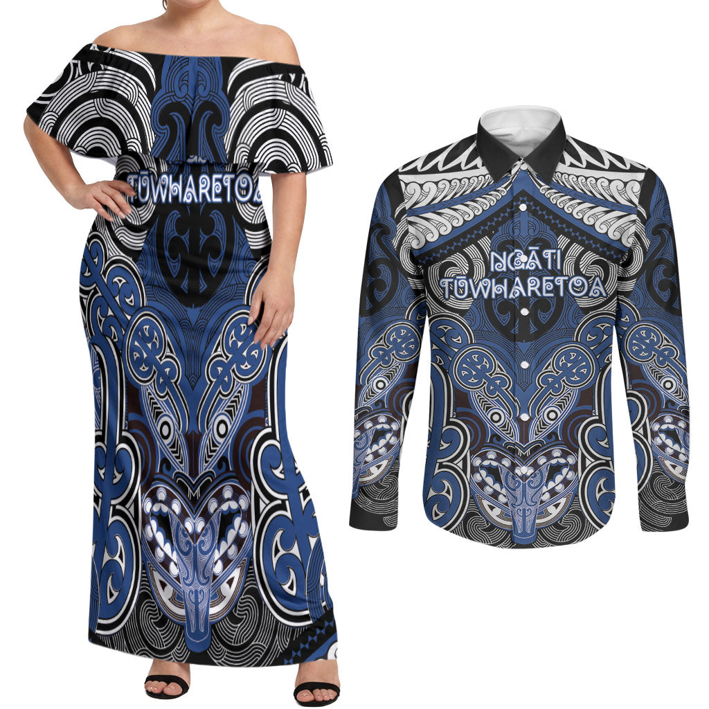 Aotearoa Iwi Ngati Tuwharetoa Personalised Couples Matching Off Shoulder Maxi Dress and Long Sleeve Button Shirt Maori Kowhaiwhai Pattern