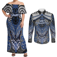 Aotearoa Iwi Ngati Tuwharetoa Personalised Couples Matching Off Shoulder Maxi Dress and Long Sleeve Button Shirt Maori Kowhaiwhai Pattern