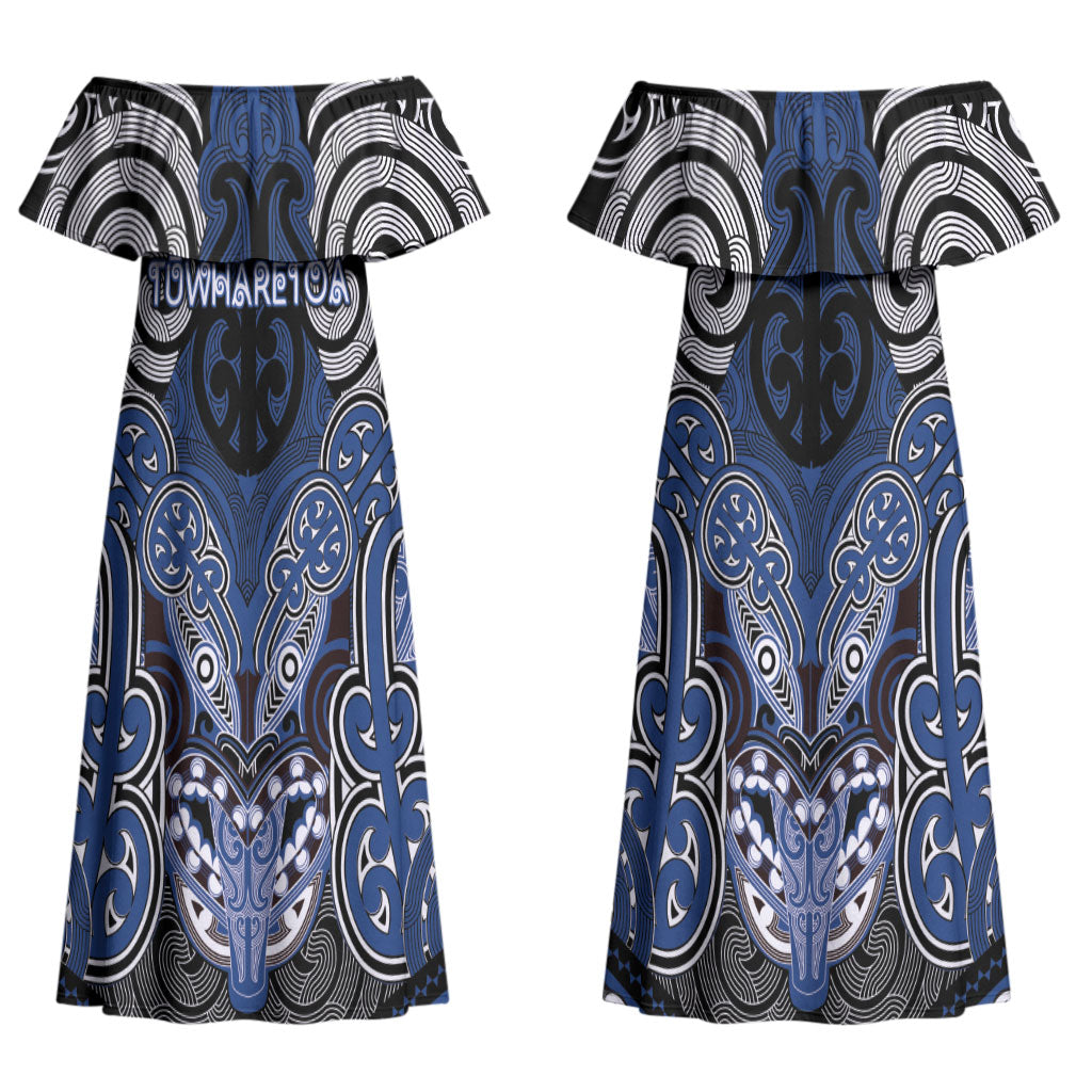 Aotearoa Iwi Ngati Tuwharetoa Personalised Couples Matching Off Shoulder Maxi Dress and Long Sleeve Button Shirt Maori Kowhaiwhai Pattern