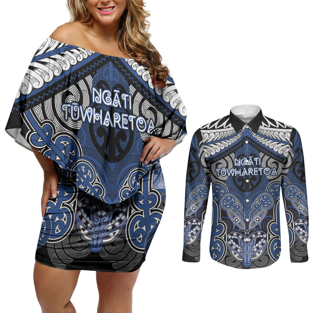 Aotearoa Iwi Ngati Tuwharetoa Personalised Couples Matching Off Shoulder Short Dress and Long Sleeve Button Shirt Maori Kowhaiwhai Pattern