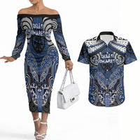 Aotearoa Iwi Ngati Tuwharetoa Personalised Couples Matching Off The Shoulder Long Sleeve Dress and Hawaiian Shirt Maori Kowhaiwhai Pattern