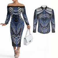 Aotearoa Iwi Ngati Tuwharetoa Personalised Couples Matching Off The Shoulder Long Sleeve Dress and Long Sleeve Button Shirt Maori Kowhaiwhai Pattern