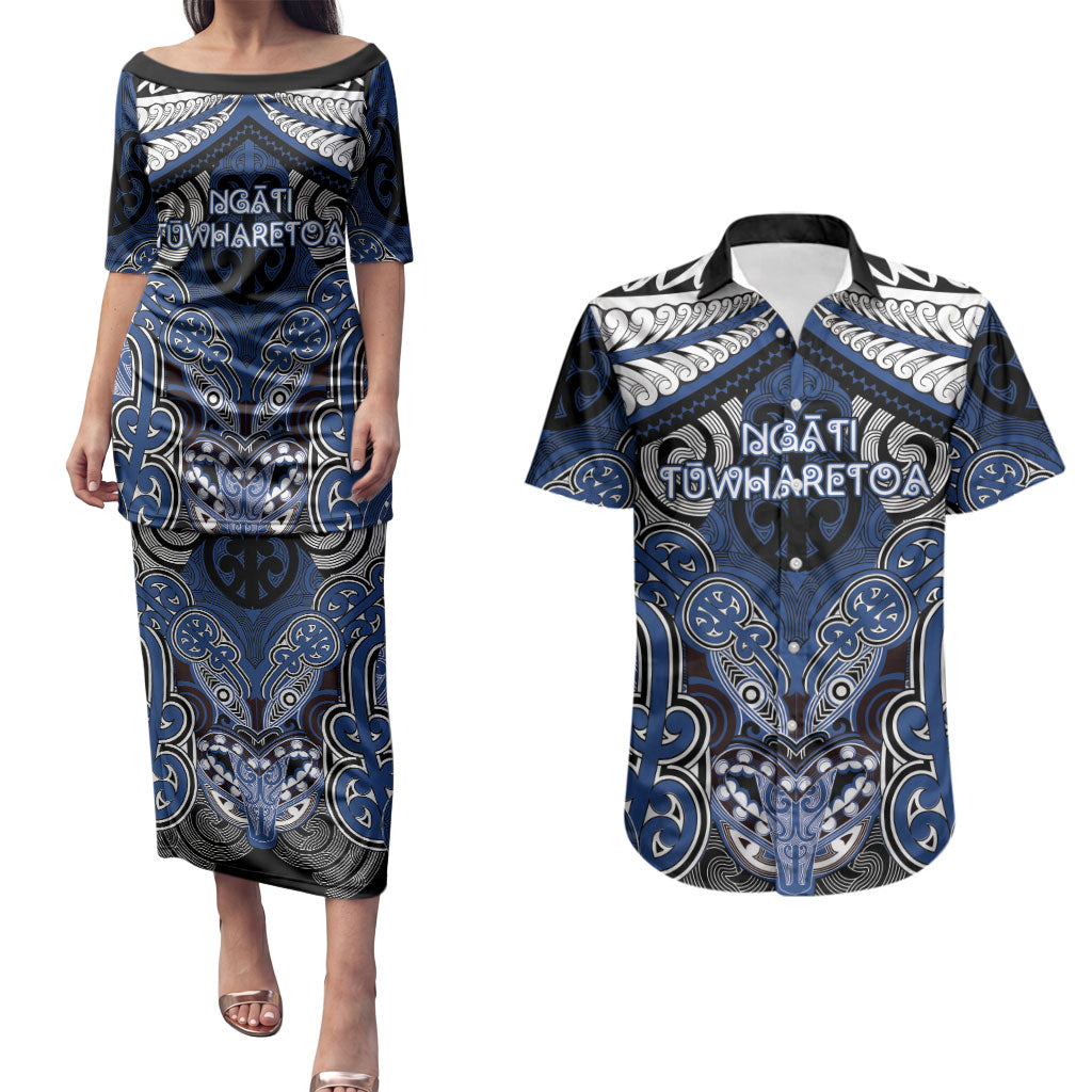 Aotearoa Iwi Ngati Tuwharetoa Personalised Couples Matching Puletasi and Hawaiian Shirt Maori Kowhaiwhai Pattern