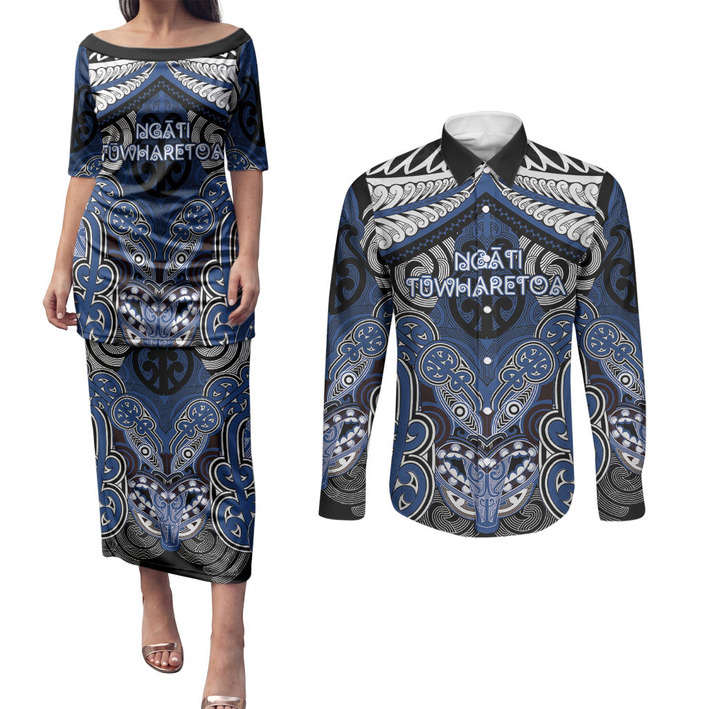 Aotearoa Iwi Ngati Tuwharetoa Personalised Couples Matching Puletasi and Long Sleeve Button Shirt Maori Kowhaiwhai Pattern