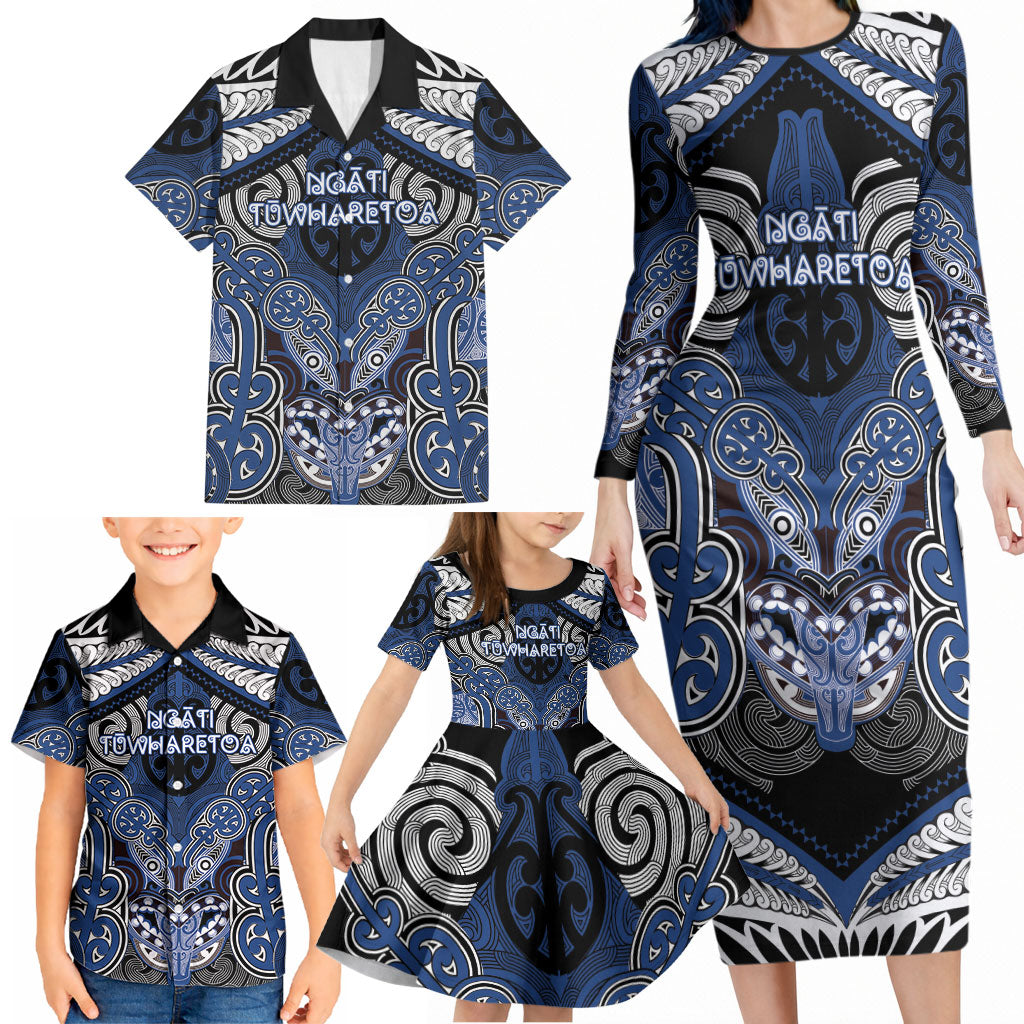 Aotearoa Iwi Ngati Tuwharetoa Personalised Family Matching Long Sleeve Bodycon Dress and Hawaiian Shirt Maori Kowhaiwhai Pattern