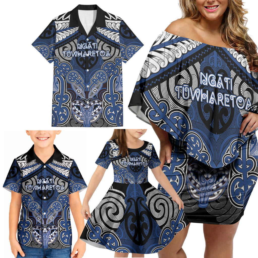 Aotearoa Iwi Ngati Tuwharetoa Personalised Family Matching Off Shoulder Short Dress and Hawaiian Shirt Maori Kowhaiwhai Pattern