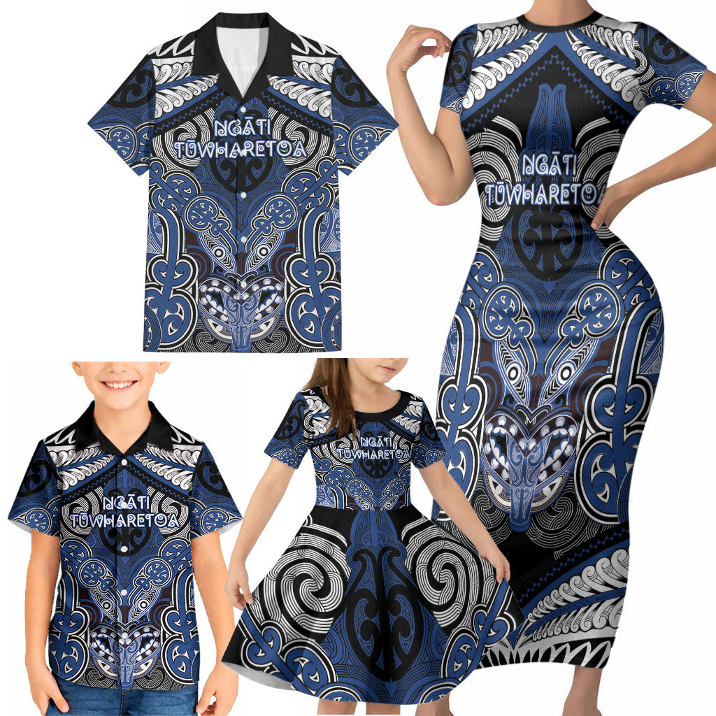 Aotearoa Iwi Ngati Tuwharetoa Personalised Family Matching Short Sleeve Bodycon Dress and Hawaiian Shirt Maori Kowhaiwhai Pattern