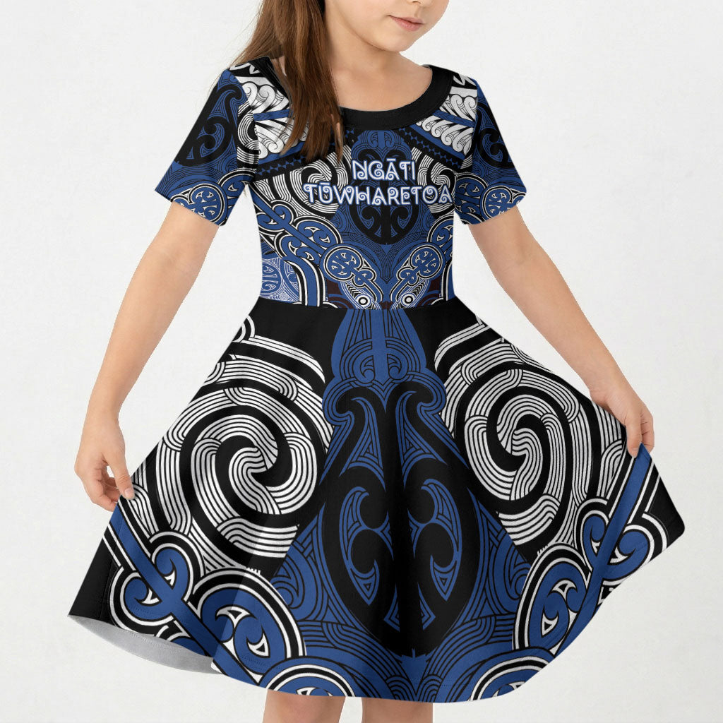 Aotearoa Iwi Ngati Tuwharetoa Personalised Kid Short Sleeve Dress Maori Kowhaiwhai Pattern LT19 KID Blue - Polynesian Pride