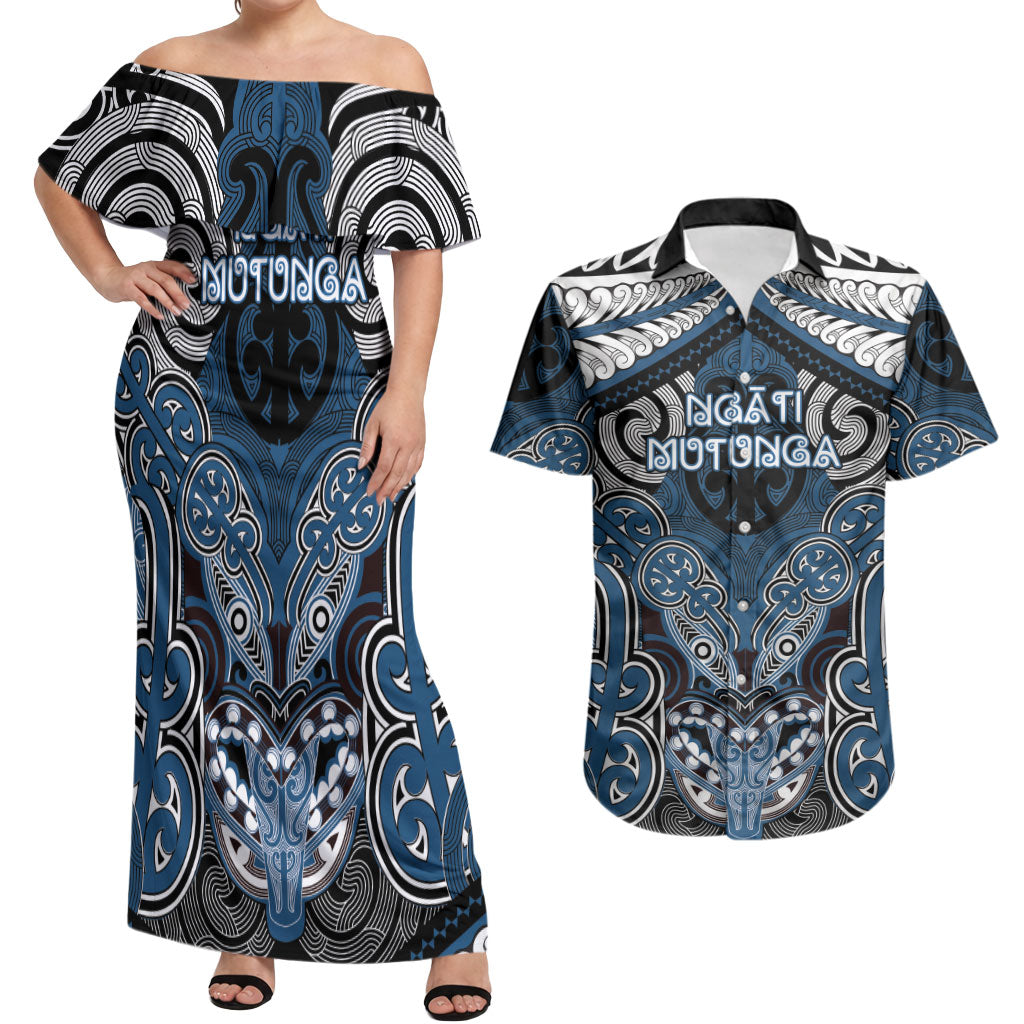 Aotearoa Iwi Ngati Mutunga Personalised Couples Matching Off Shoulder Maxi Dress and Hawaiian Shirt Maori Kowhaiwhai Pattern