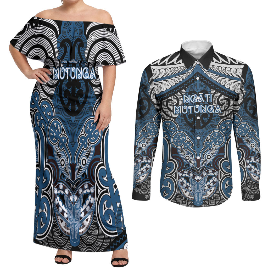 Aotearoa Iwi Ngati Mutunga Personalised Couples Matching Off Shoulder Maxi Dress and Long Sleeve Button Shirt Maori Kowhaiwhai Pattern