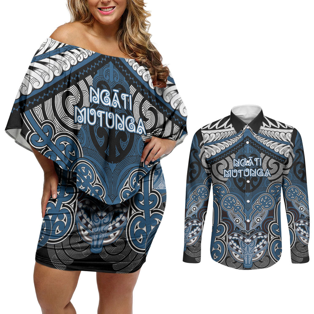Aotearoa Iwi Ngati Mutunga Personalised Couples Matching Off Shoulder Short Dress and Long Sleeve Button Shirt Maori Kowhaiwhai Pattern