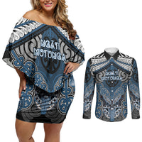 Aotearoa Iwi Ngati Mutunga Personalised Couples Matching Off Shoulder Short Dress and Long Sleeve Button Shirt Maori Kowhaiwhai Pattern