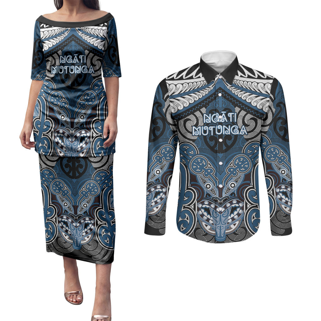 Aotearoa Iwi Ngati Mutunga Personalised Couples Matching Puletasi and Long Sleeve Button Shirt Maori Kowhaiwhai Pattern