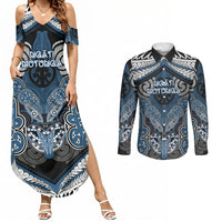 Aotearoa Iwi Ngati Mutunga Personalised Couples Matching Summer Maxi Dress and Long Sleeve Button Shirt Maori Kowhaiwhai Pattern