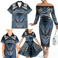 Aotearoa Iwi Ngati Mutunga Personalised Family Matching Off The Shoulder Long Sleeve Dress and Hawaiian Shirt Maori Kowhaiwhai Pattern
