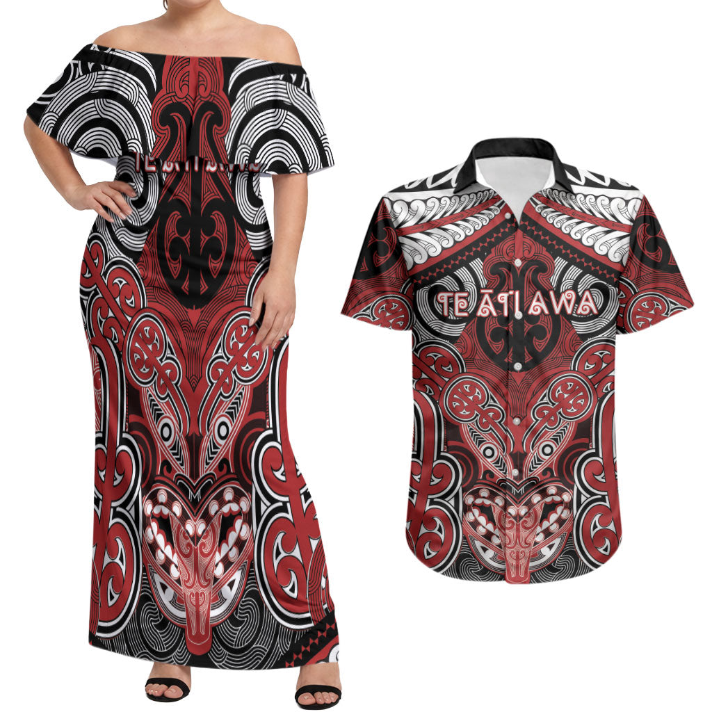 Aotearoa Iwi Te Ati Awa Personalised Couples Matching Off Shoulder Maxi Dress and Hawaiian Shirt Maori Kowhaiwhai Pattern