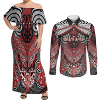 Aotearoa Iwi Te Ati Awa Personalised Couples Matching Off Shoulder Maxi Dress and Long Sleeve Button Shirt Maori Kowhaiwhai Pattern