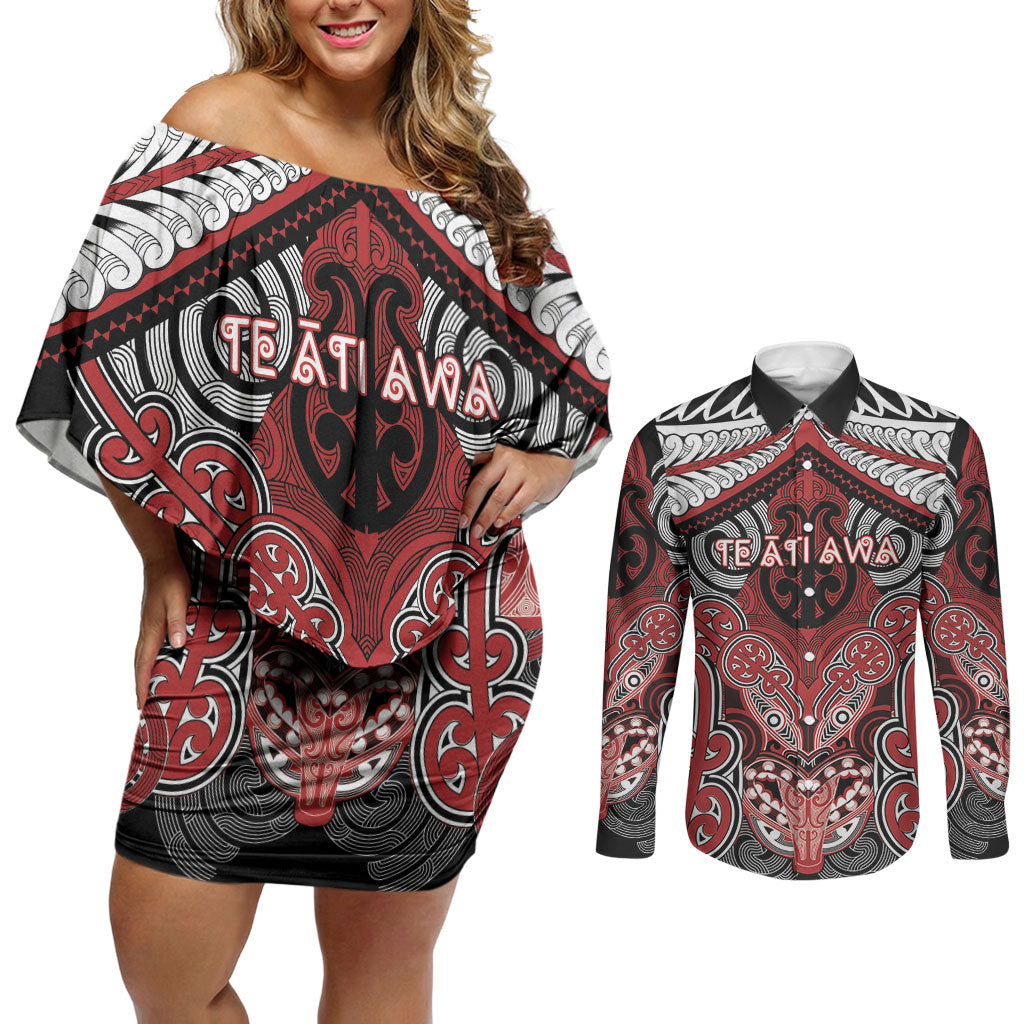 Aotearoa Iwi Te Ati Awa Personalised Couples Matching Off Shoulder Short Dress and Long Sleeve Button Shirt Maori Kowhaiwhai Pattern