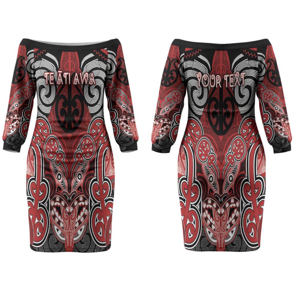 Aotearoa Iwi Te Ati Awa Personalised Couples Matching Off The Shoulder Long Sleeve Dress and Hawaiian Shirt Maori Kowhaiwhai Pattern