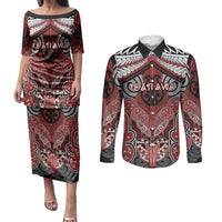 Aotearoa Iwi Te Ati Awa Personalised Couples Matching Puletasi and Long Sleeve Button Shirt Maori Kowhaiwhai Pattern