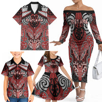 Aotearoa Iwi Te Ati Awa Personalised Family Matching Off The Shoulder Long Sleeve Dress and Hawaiian Shirt Maori Kowhaiwhai Pattern