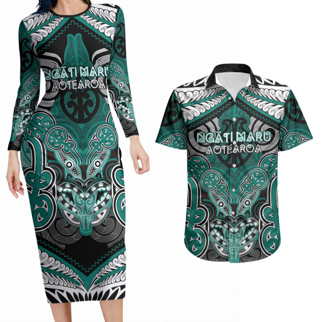Aotearoa Iwi Ngati Maru Personalised Couples Matching Long Sleeve Bodycon Dress and Hawaiian Shirt Maori Kowhaiwhai Pattern