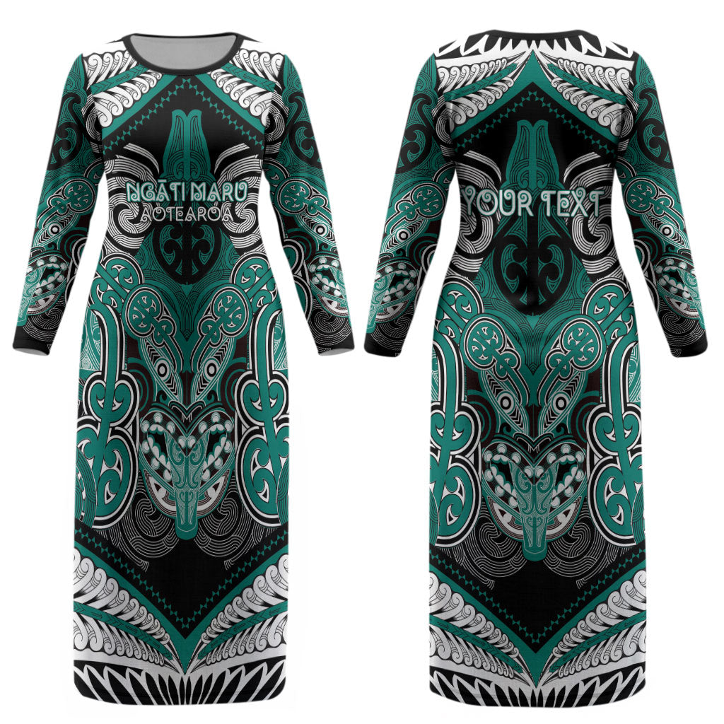 Aotearoa Iwi Ngati Maru Personalised Couples Matching Long Sleeve Bodycon Dress and Long Sleeve Button Shirt Maori Kowhaiwhai Pattern