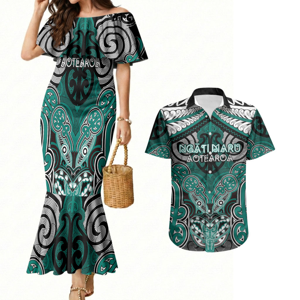 Aotearoa Iwi Ngati Maru Personalised Couples Matching Mermaid Dress and Hawaiian Shirt Maori Kowhaiwhai Pattern