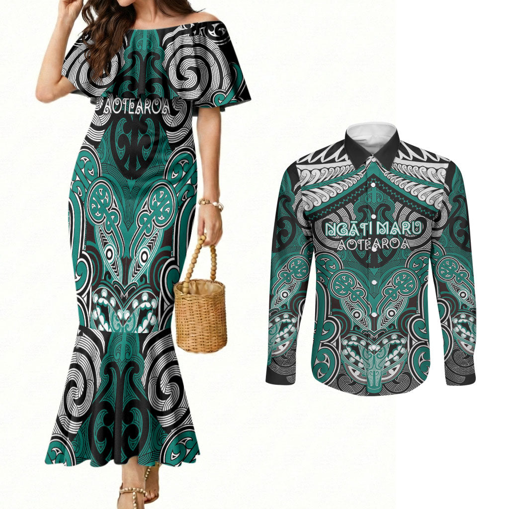 Aotearoa Iwi Ngati Maru Personalised Couples Matching Mermaid Dress and Long Sleeve Button Shirt Maori Kowhaiwhai Pattern