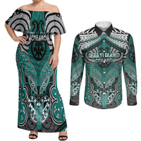 Aotearoa Iwi Ngati Maru Personalised Couples Matching Off Shoulder Maxi Dress and Long Sleeve Button Shirt Maori Kowhaiwhai Pattern
