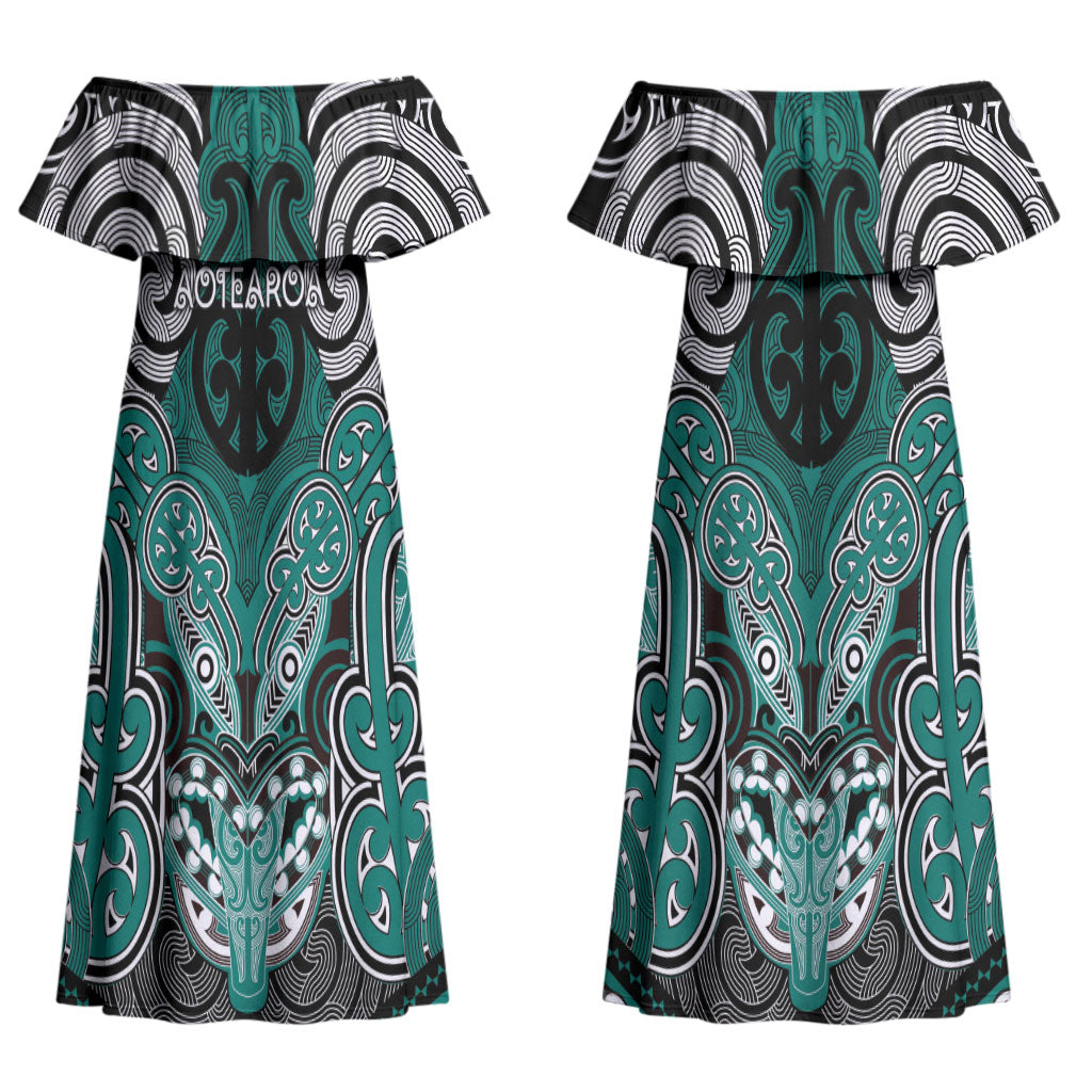 Aotearoa Iwi Ngati Maru Personalised Couples Matching Off Shoulder Maxi Dress and Long Sleeve Button Shirt Maori Kowhaiwhai Pattern