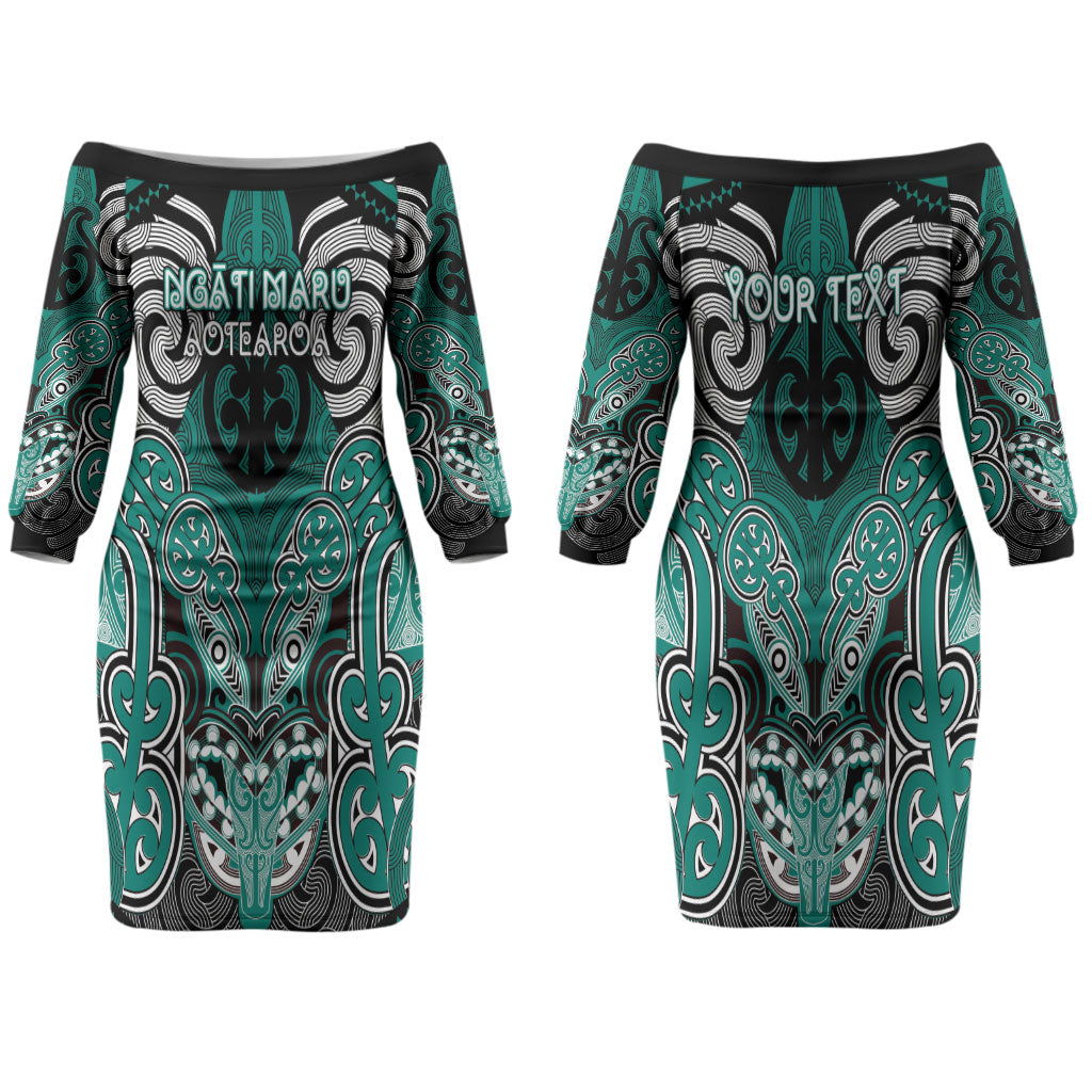 Aotearoa Iwi Ngati Maru Personalised Couples Matching Off The Shoulder Long Sleeve Dress and Hawaiian Shirt Maori Kowhaiwhai Pattern