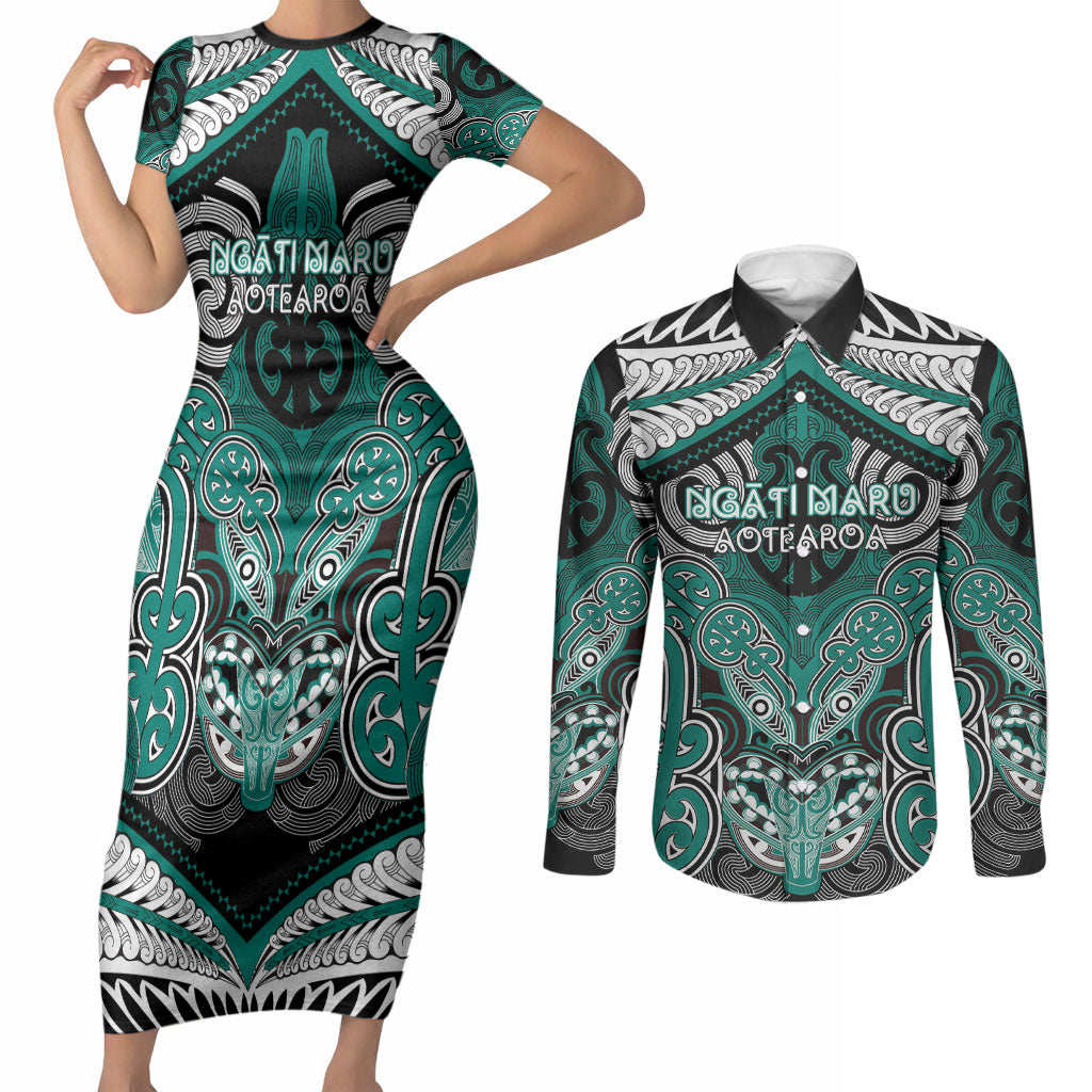 Aotearoa Iwi Ngati Maru Personalised Couples Matching Short Sleeve Bodycon Dress and Long Sleeve Button Shirt Maori Kowhaiwhai Pattern