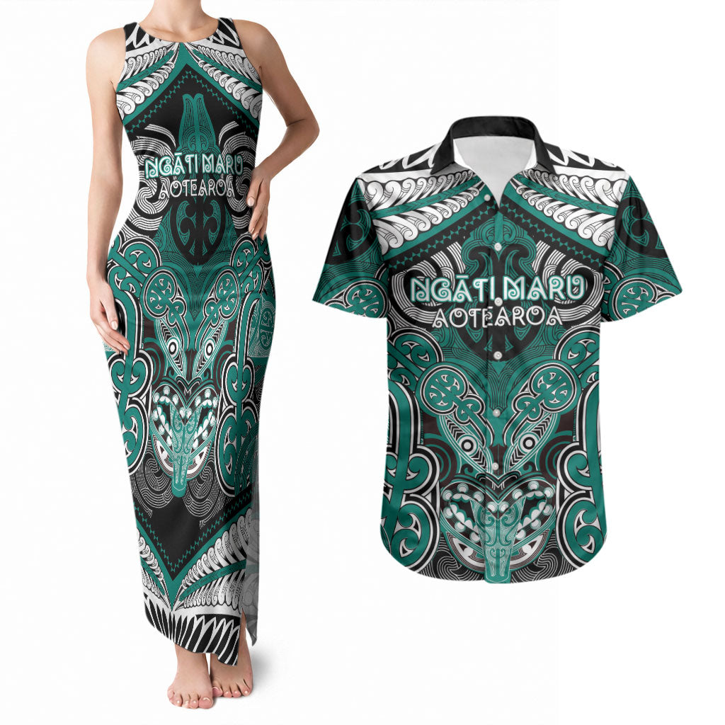 Aotearoa Iwi Ngati Maru Personalised Couples Matching Tank Maxi Dress and Hawaiian Shirt Maori Kowhaiwhai Pattern