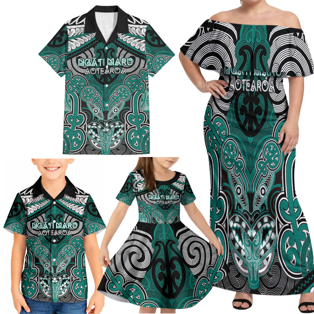 Aotearoa Iwi Ngati Maru Personalised Family Matching Off Shoulder Maxi Dress and Hawaiian Shirt Maori Kowhaiwhai Pattern
