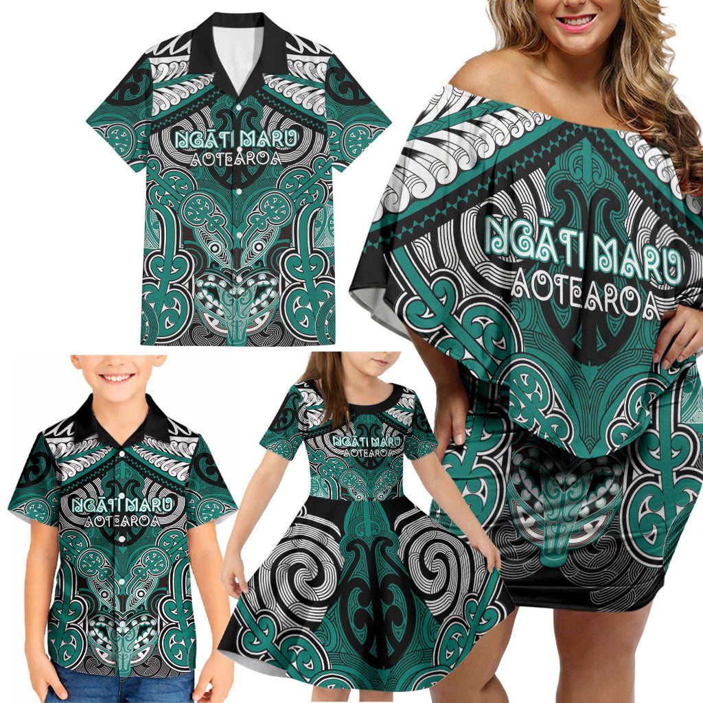Aotearoa Iwi Ngati Maru Personalised Family Matching Off Shoulder Short Dress and Hawaiian Shirt Maori Kowhaiwhai Pattern