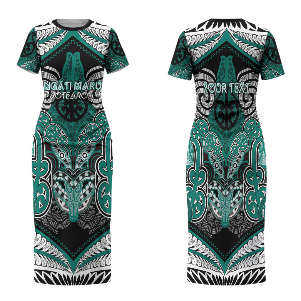 Aotearoa Iwi Ngati Maru Personalised Family Matching Short Sleeve Bodycon Dress and Hawaiian Shirt Maori Kowhaiwhai Pattern